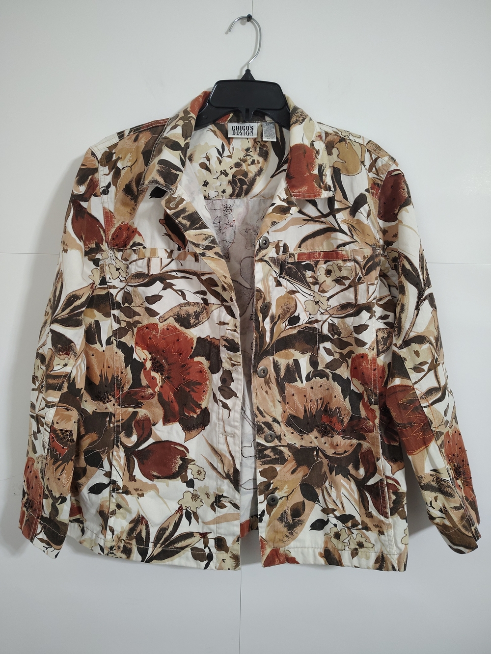 Chico's Floral Print Jean Jacket in White, Brown, Rust. -D